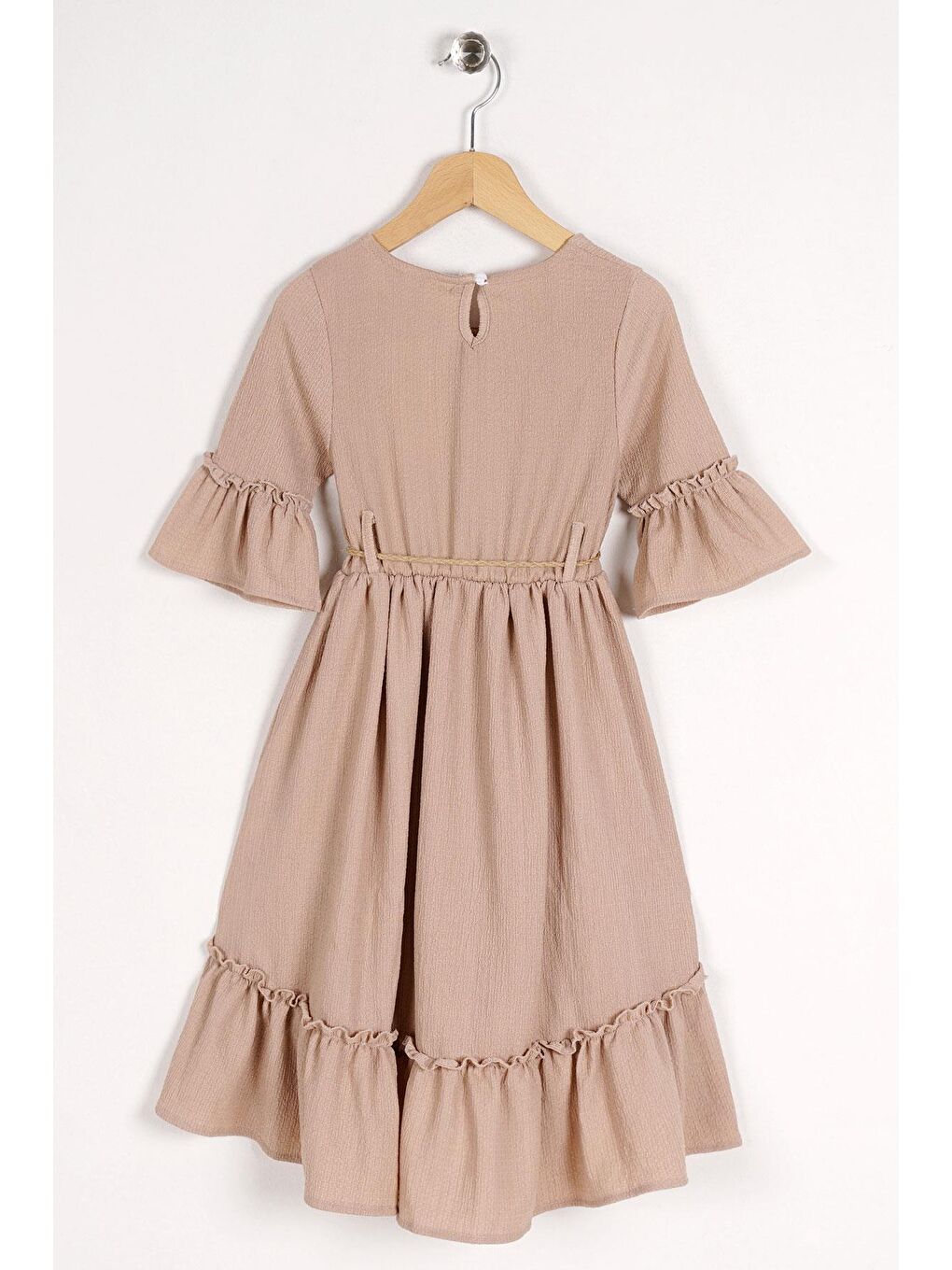 Bisiklet Yaka Karpuz Kol Beli Hasır Kuşaklı Bej Renk Kız Çocuk Elbise-6