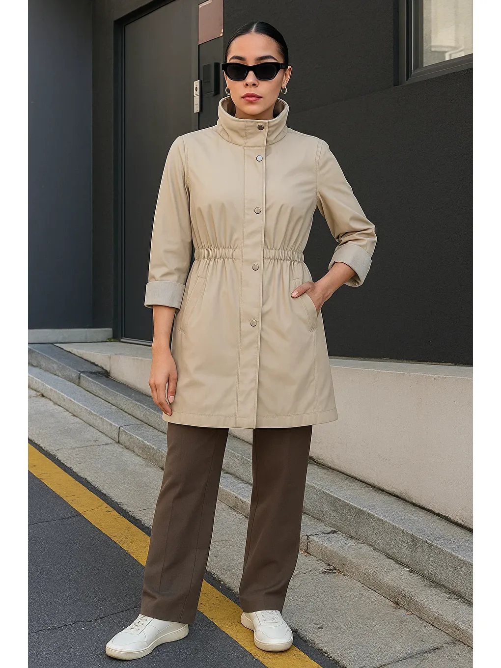 Kadın Çizgili Astarlı Basic Bej Kısa Trençkot