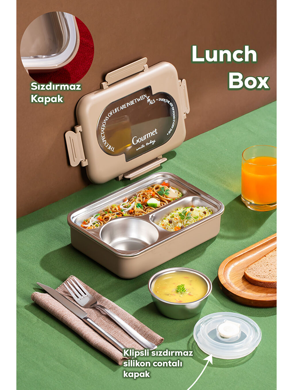 Kahverengi 3011-1 Çelik 3 Bölmeli Vakumlu Yemek Termosu-1