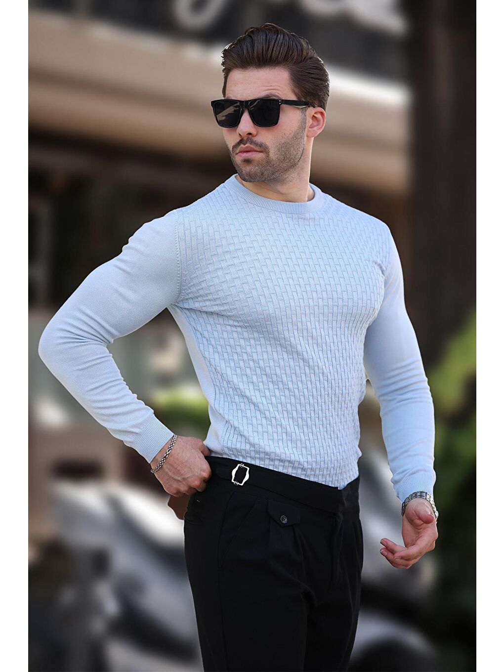 Mavi Desenli Erkek Triko Kazak 7266-1