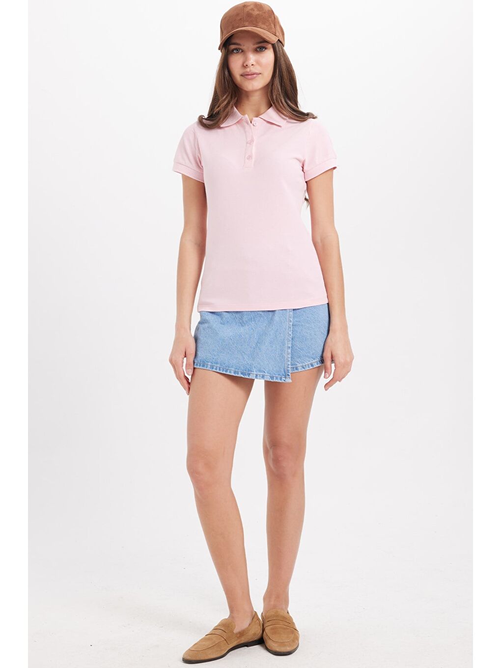 Kadın Slim Fit Dar Kesim %100 Pamuk Polo Yaka Pembe Pike Tişört-1