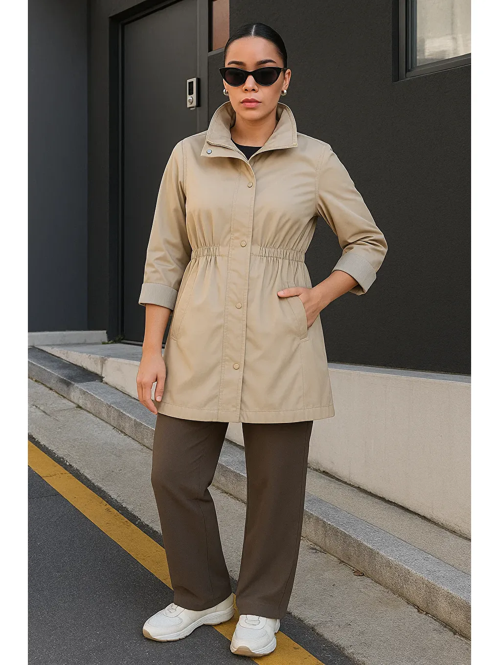 Kadın Çizgili Astarlı Basic Bej Kısa Trençkot-1