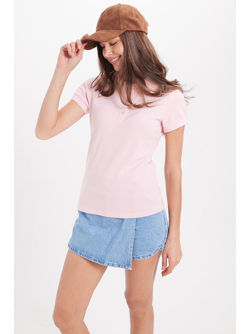 Kadın Slim Fit Dar Kesim %100 Pamuk Polo Yaka Pembe Pike Tişört-2