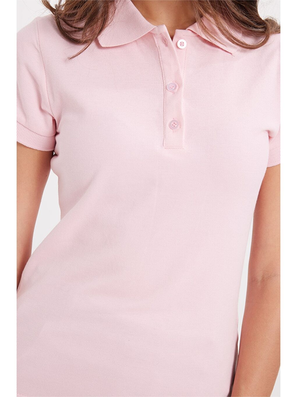 Kadın Slim Fit Dar Kesim %100 Pamuk Polo Yaka Pembe Pike Tişört-3