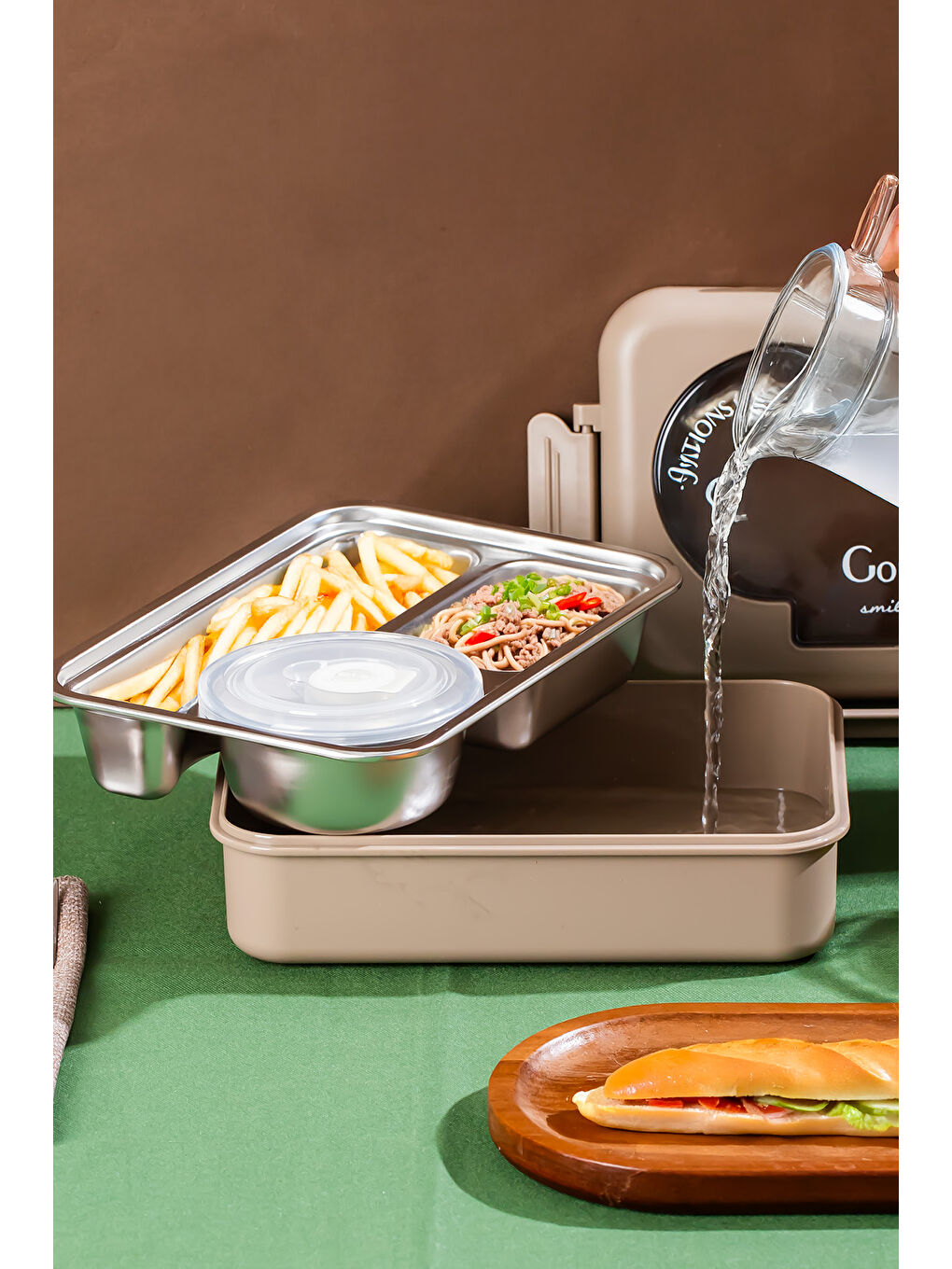 Kahverengi 3011-1 Çelik 3 Bölmeli Vakumlu Yemek Termosu-2