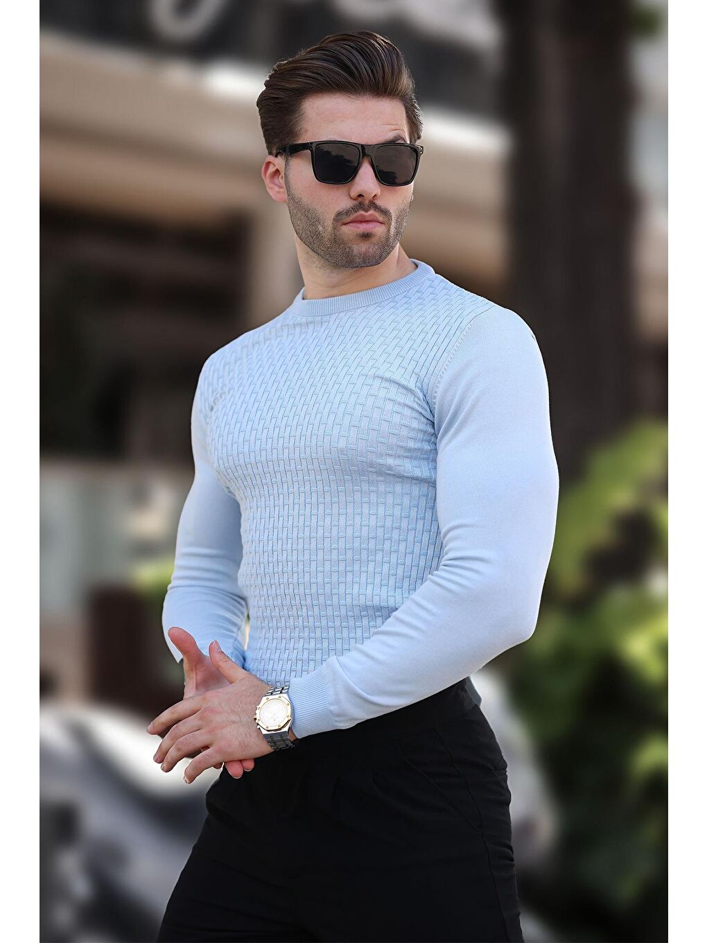 Mavi Desenli Erkek Triko Kazak 7266-2