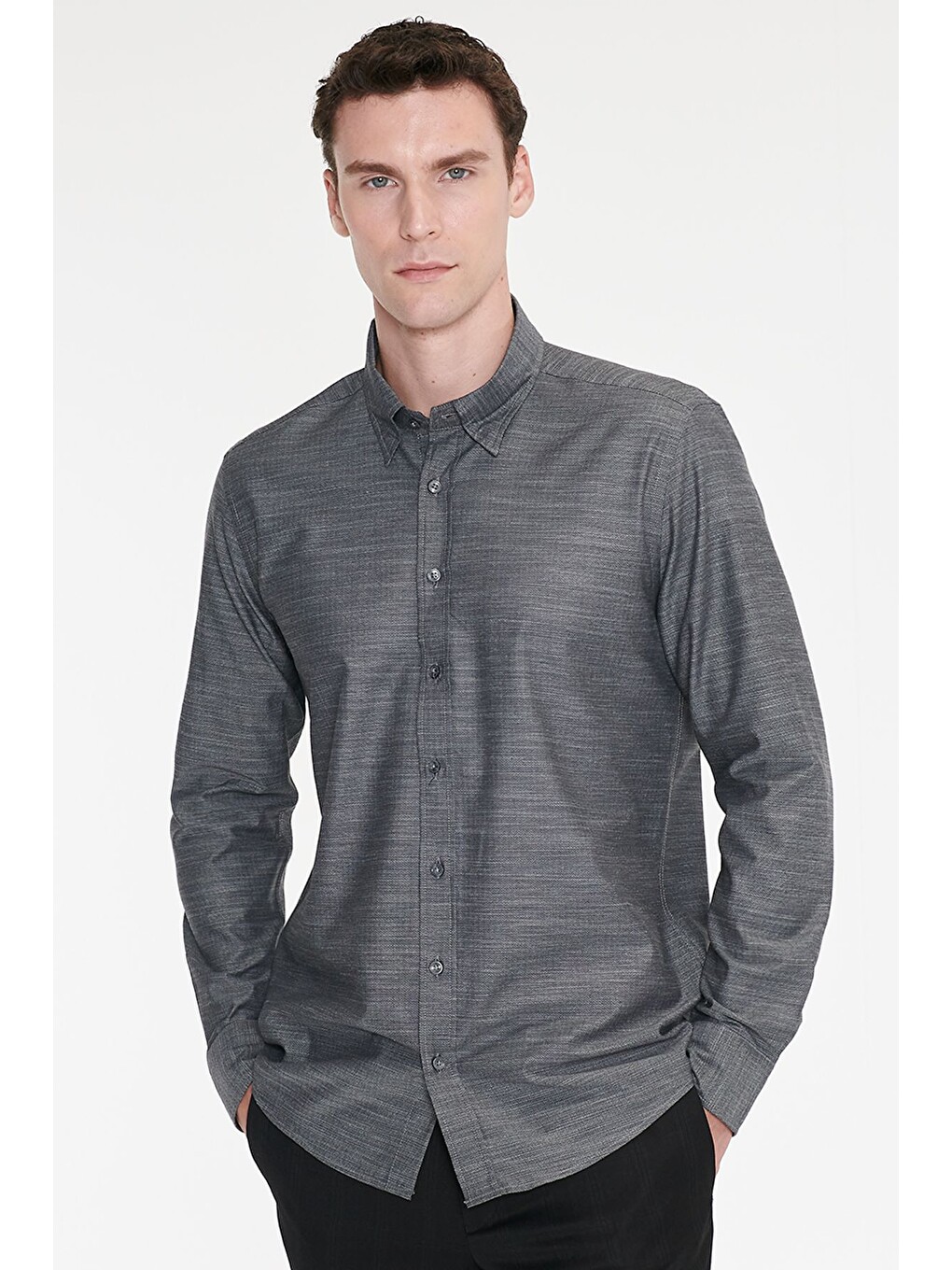 Gri Erkek Grı-grı %100 Pamuk Slim Fit Dar Kesim Gizli Düğme Yaka Balıksırtı Desenli Gömlek-3