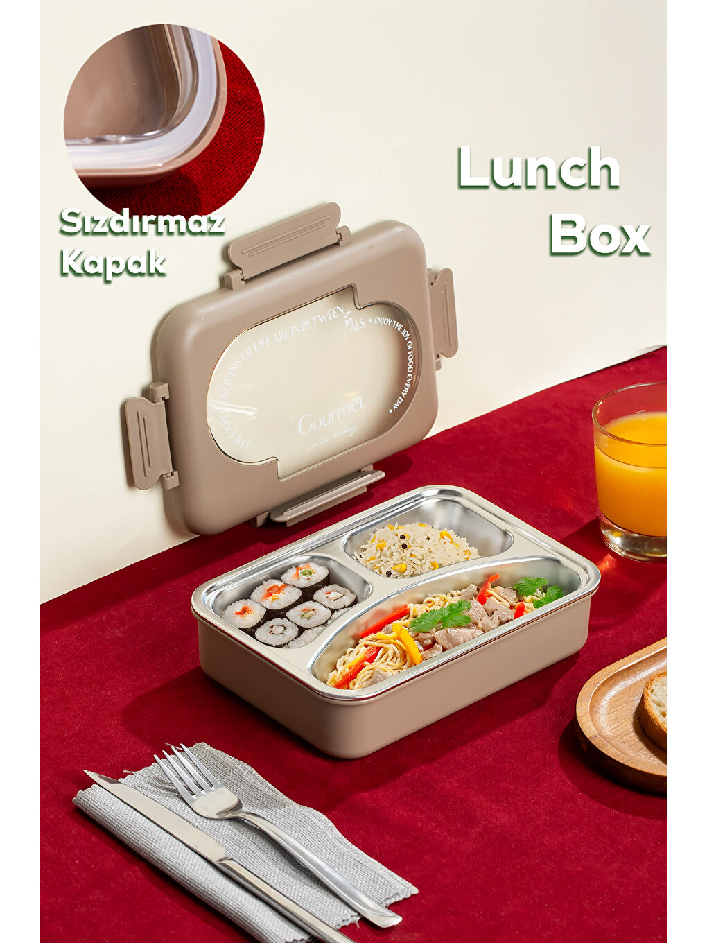 Kahverengi 3010-1 Çelik 3 Bölmeli Vakumlu Yemek Termosu