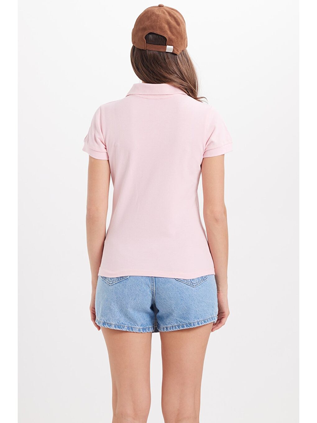 Kadın Slim Fit Dar Kesim %100 Pamuk Polo Yaka Pembe Pike Tişört-5