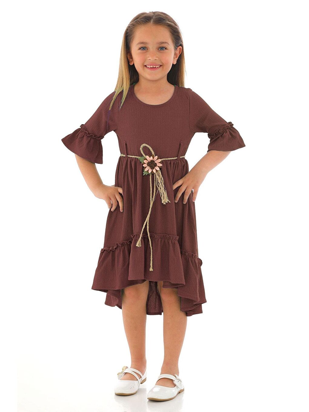 Bisiklet Yaka Karpuz Kol Beli Hasır Kuşaklı Koyu Kahverengi Renk Kız Çocuk Elbise-1