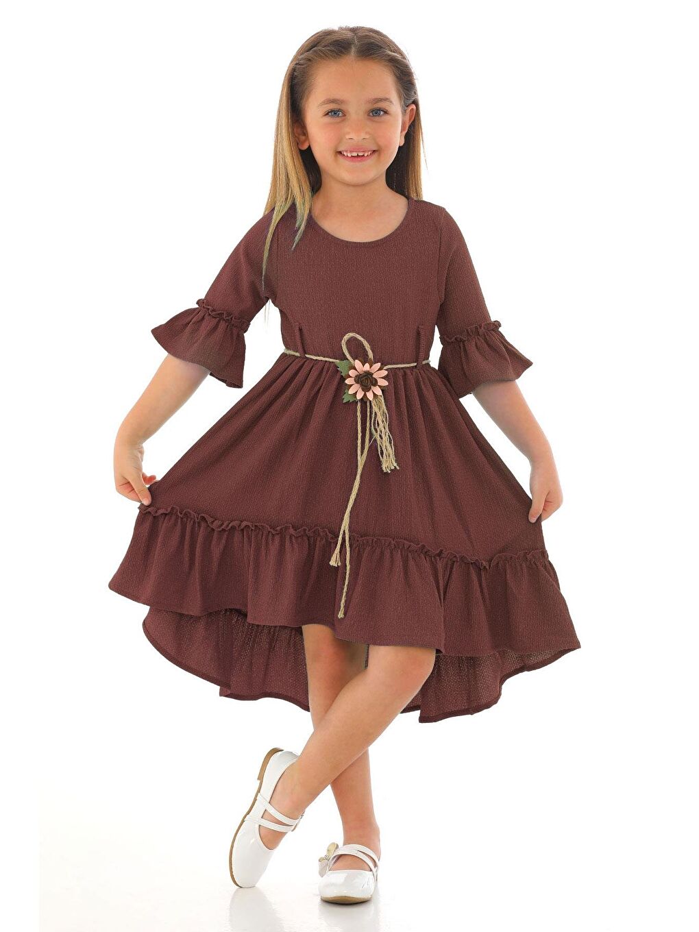 Bisiklet Yaka Karpuz Kol Beli Hasır Kuşaklı Koyu Kahverengi Renk Kız Çocuk Elbise-2