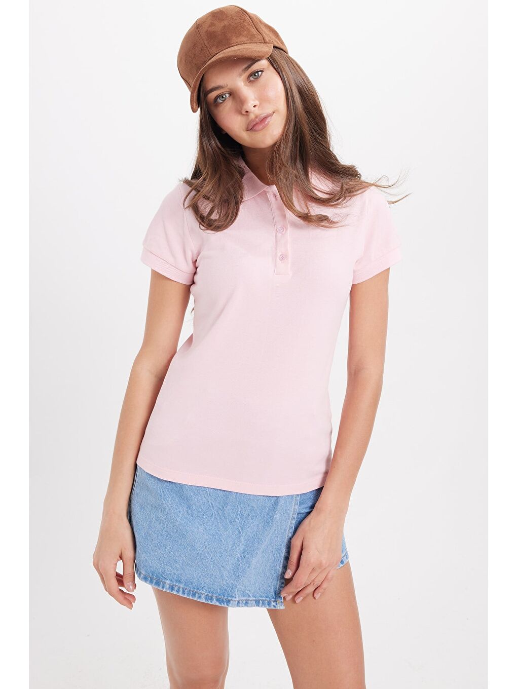 Kadın Slim Fit Dar Kesim %100 Pamuk Polo Yaka Pembe Pike Tişört-6