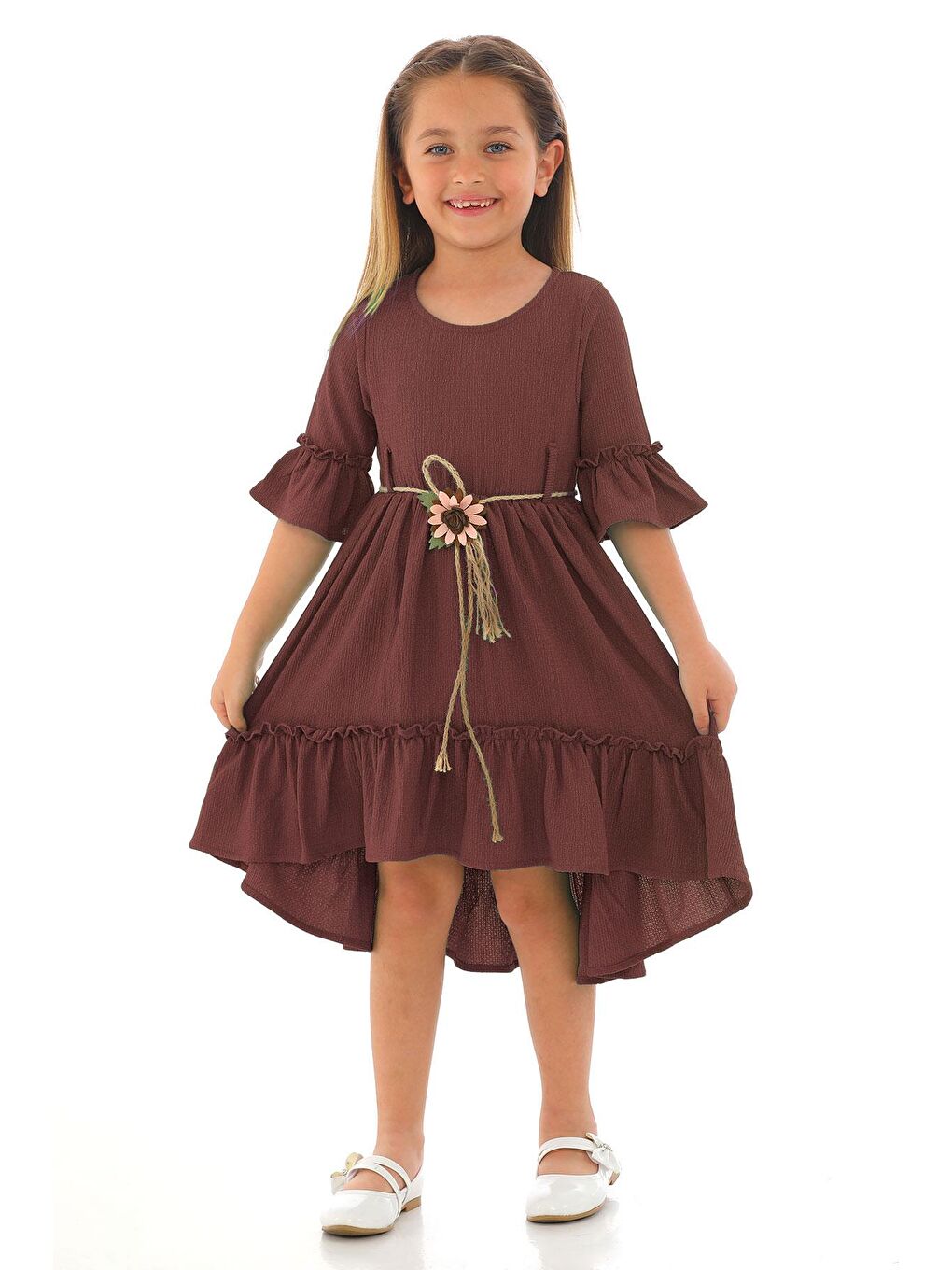 Bisiklet Yaka Karpuz Kol Beli Hasır Kuşaklı Koyu Kahverengi Renk Kız Çocuk Elbise-3