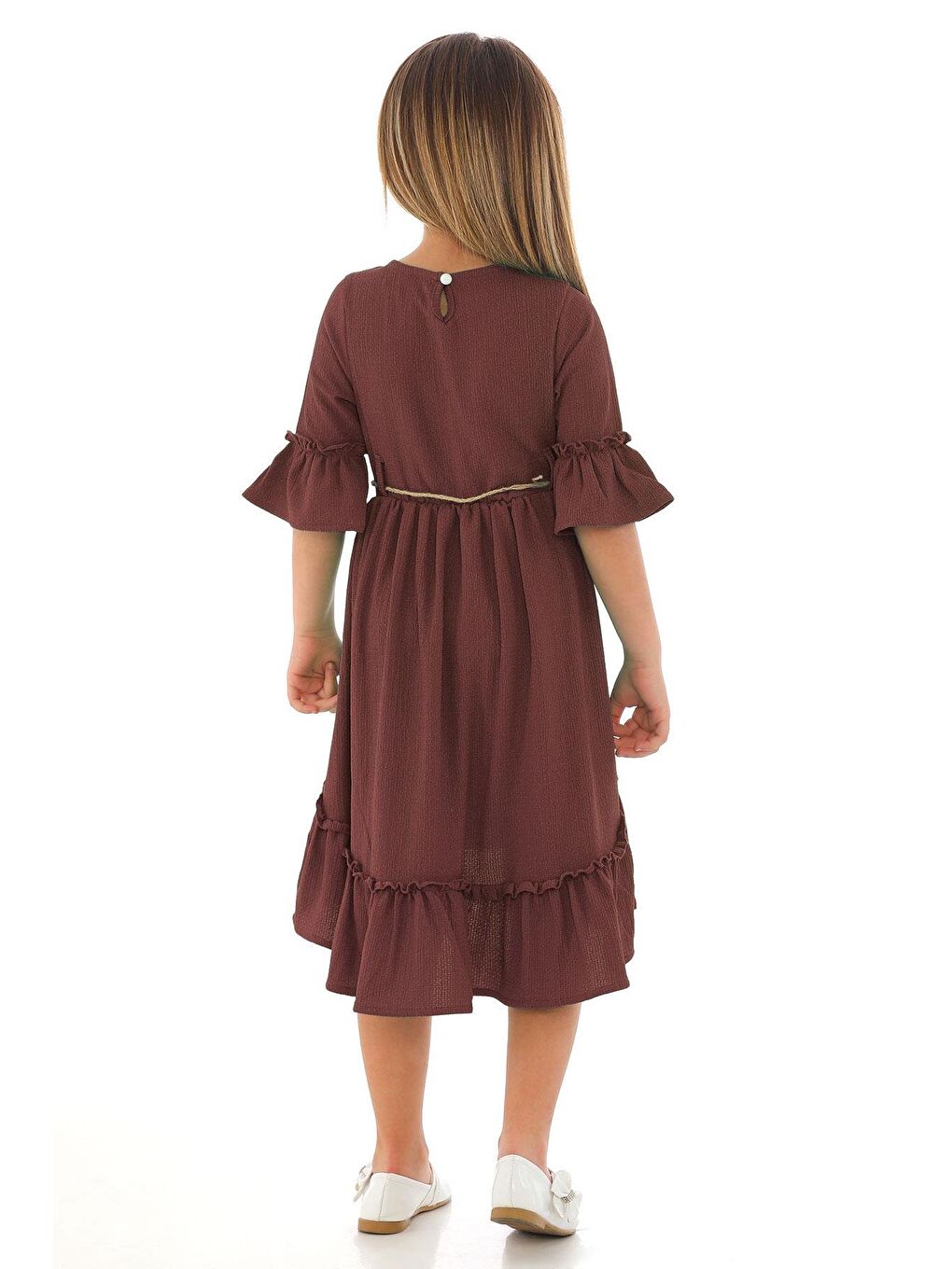 Bisiklet Yaka Karpuz Kol Beli Hasır Kuşaklı Koyu Kahverengi Renk Kız Çocuk Elbise-4