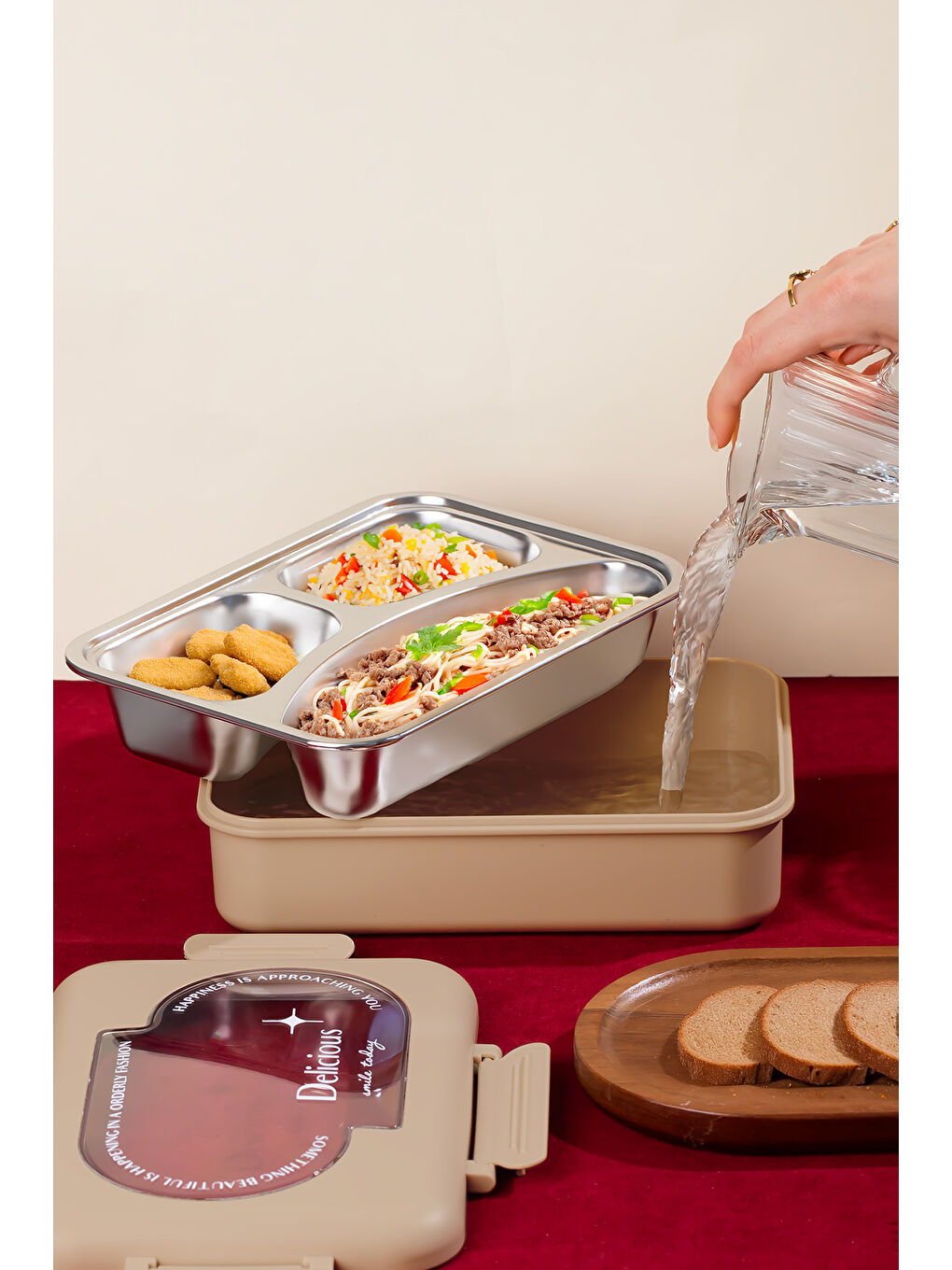 Kahverengi 3010-1 Çelik 3 Bölmeli Vakumlu Yemek Termosu-1