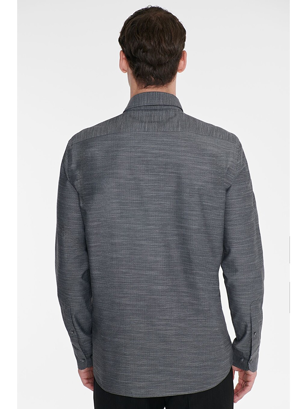 Gri Erkek Grı-grı %100 Pamuk Slim Fit Dar Kesim Gizli Düğme Yaka Balıksırtı Desenli Gömlek-5