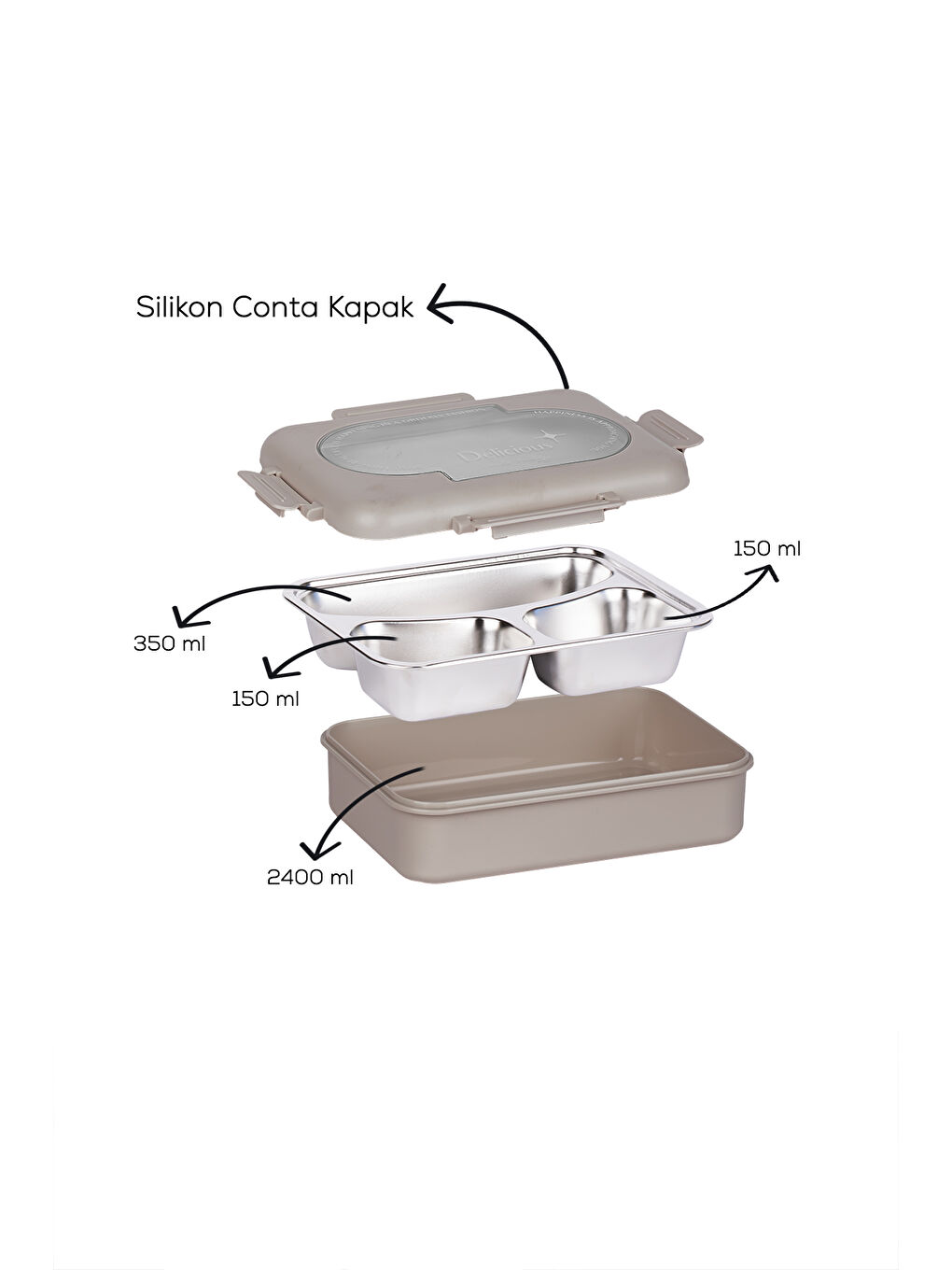 Kahverengi 3010-1 Çelik 3 Bölmeli Vakumlu Yemek Termosu-2