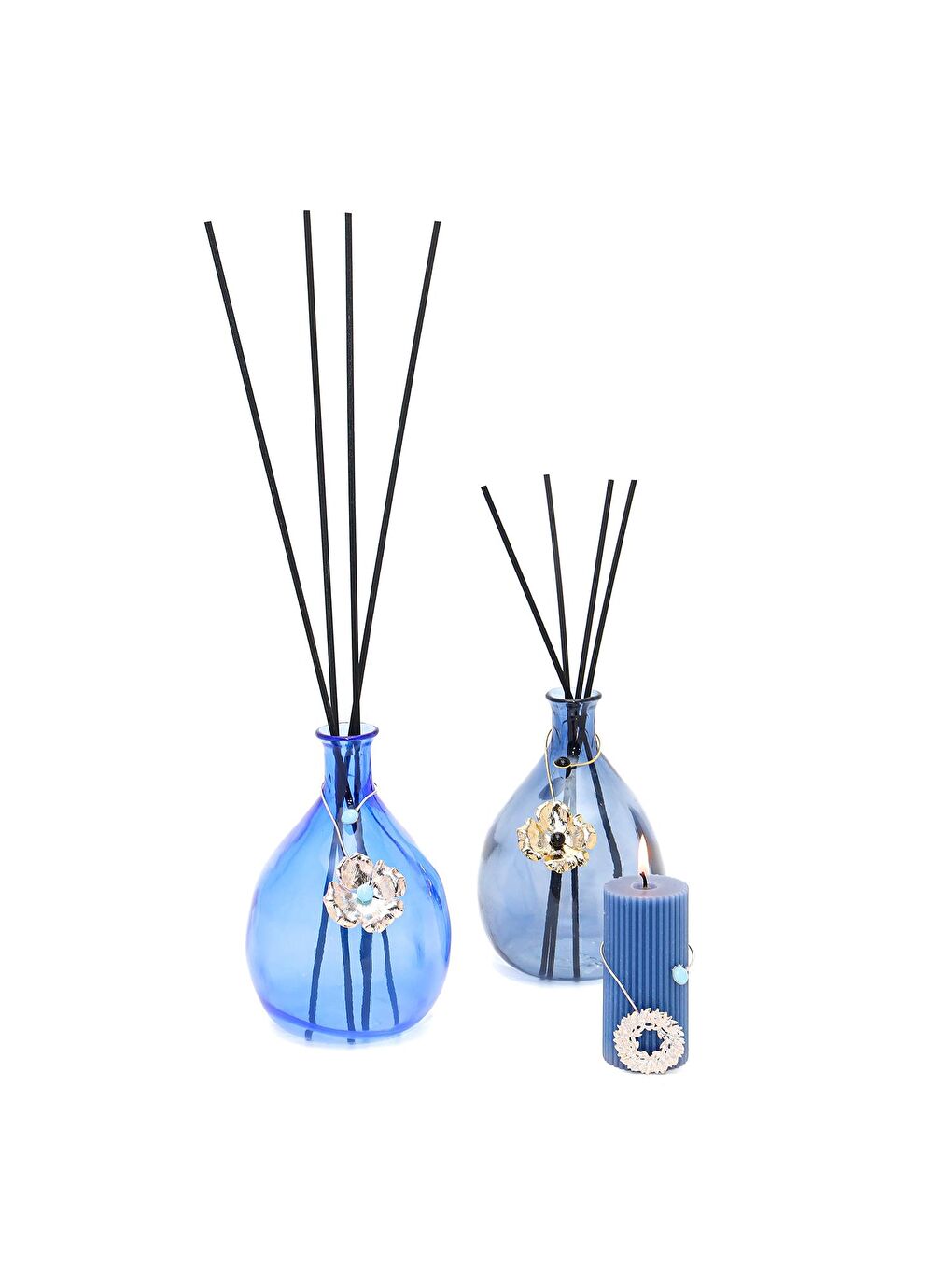 Gümüş Kapmala Broşlu Mavi Cam Şişe Vanilya Sandal Oda Kokusu-1