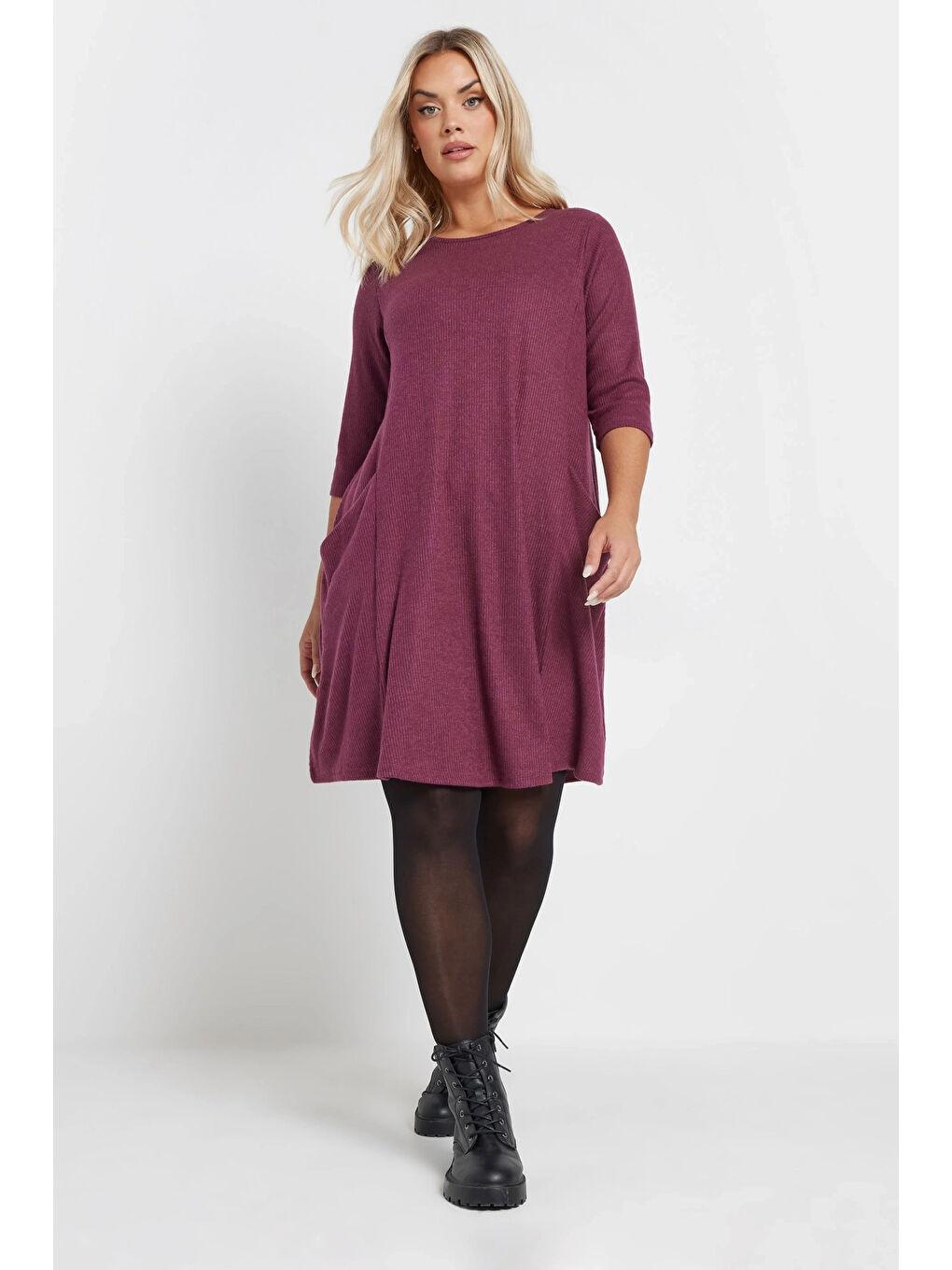 Bordo Büyük Beden Yarım Kollu Bisiklet Yaka Asimetrik Cepli Elbise 303803