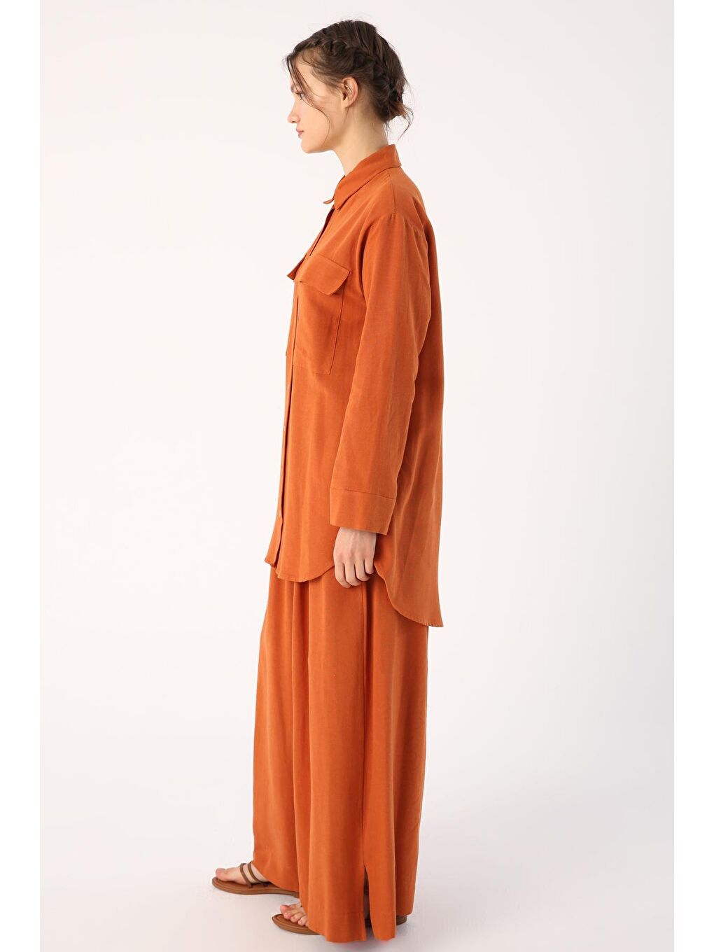 Kahverengi Kiremit Keten Gömlek Pantolon Takım-2