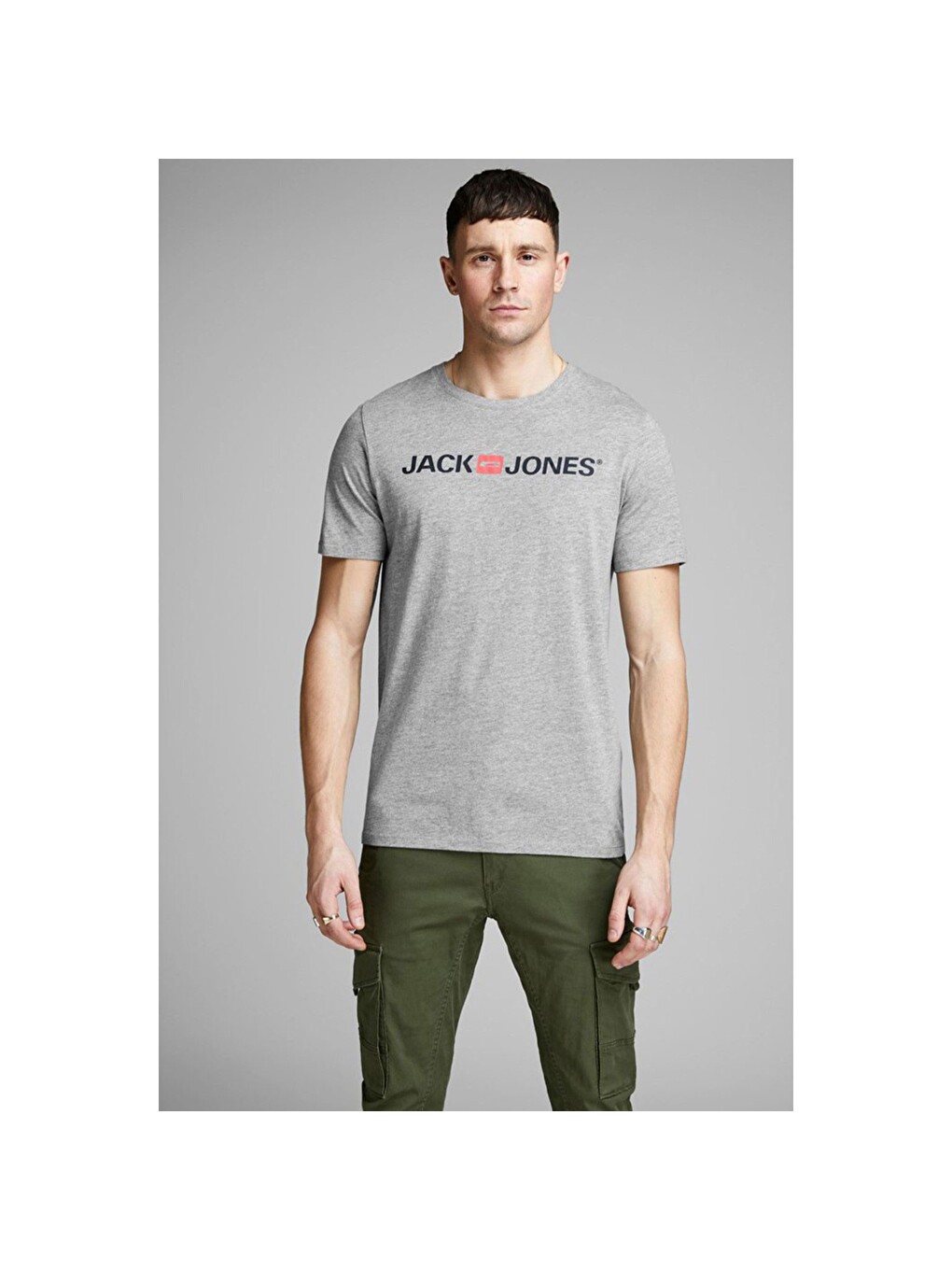 Corp Logo Crew Neck Erkek Gri Yuvarlak Yaka Spor Tişört-1