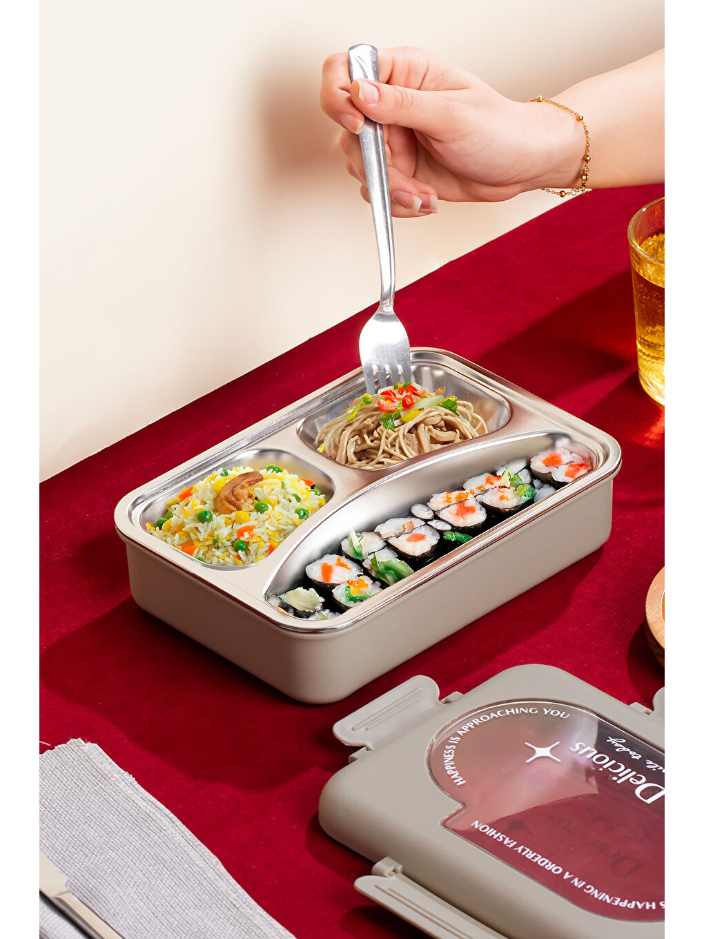 Kahverengi 3010-1 Çelik 3 Bölmeli Vakumlu Yemek Termosu-3