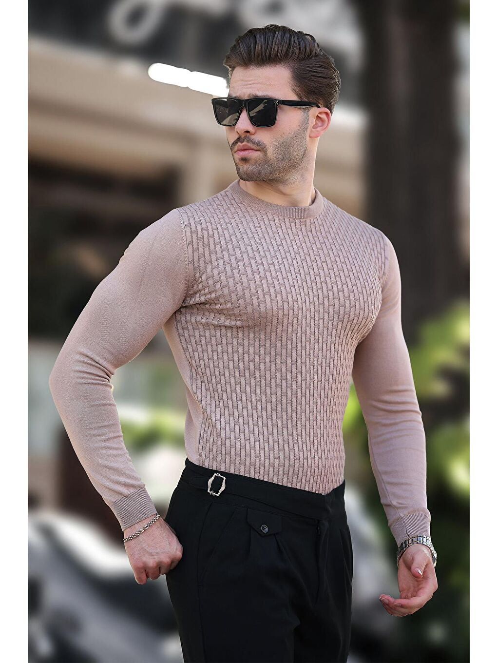 Bej Desenli Erkek Triko Kazak 7266-1