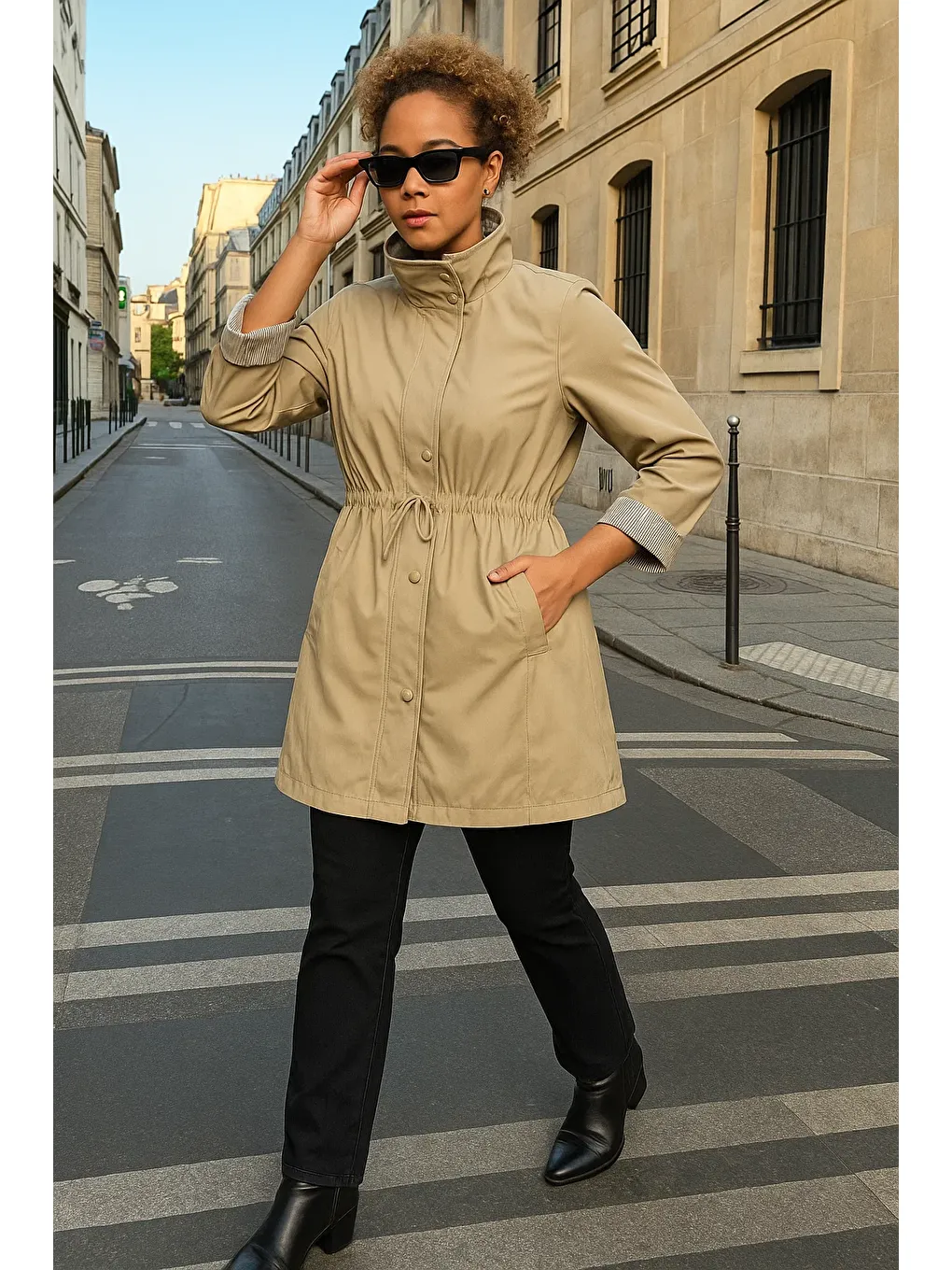 Kadın Çizgili Basic Trend Bej Kısa Trençkot-1