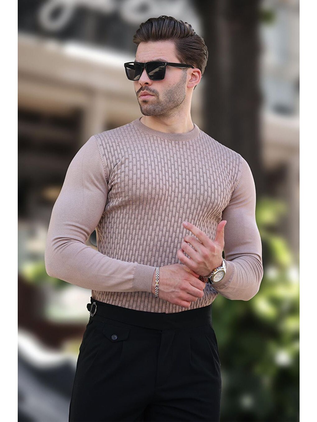 Bej Desenli Erkek Triko Kazak 7266-2