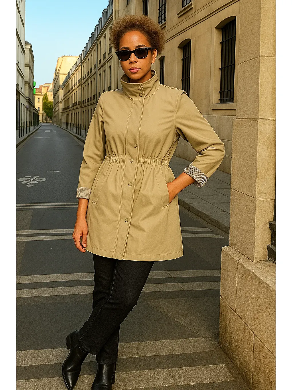 Kadın Çizgili Basic Trend Bej Kısa Trençkot-2