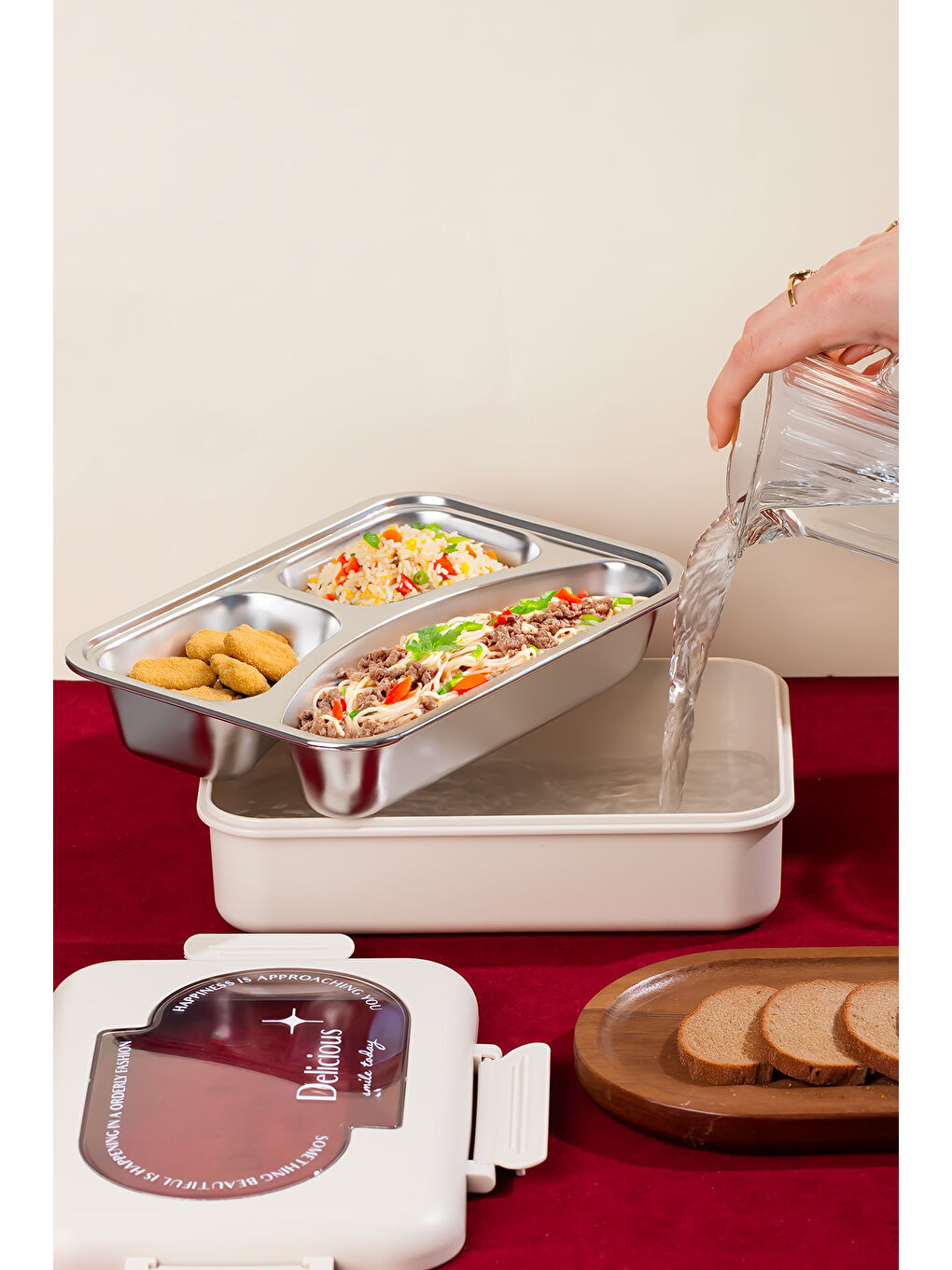 Kahverengi 3110 Çelik 3 Bölmeli Vakumlu Yemek Termosu-1