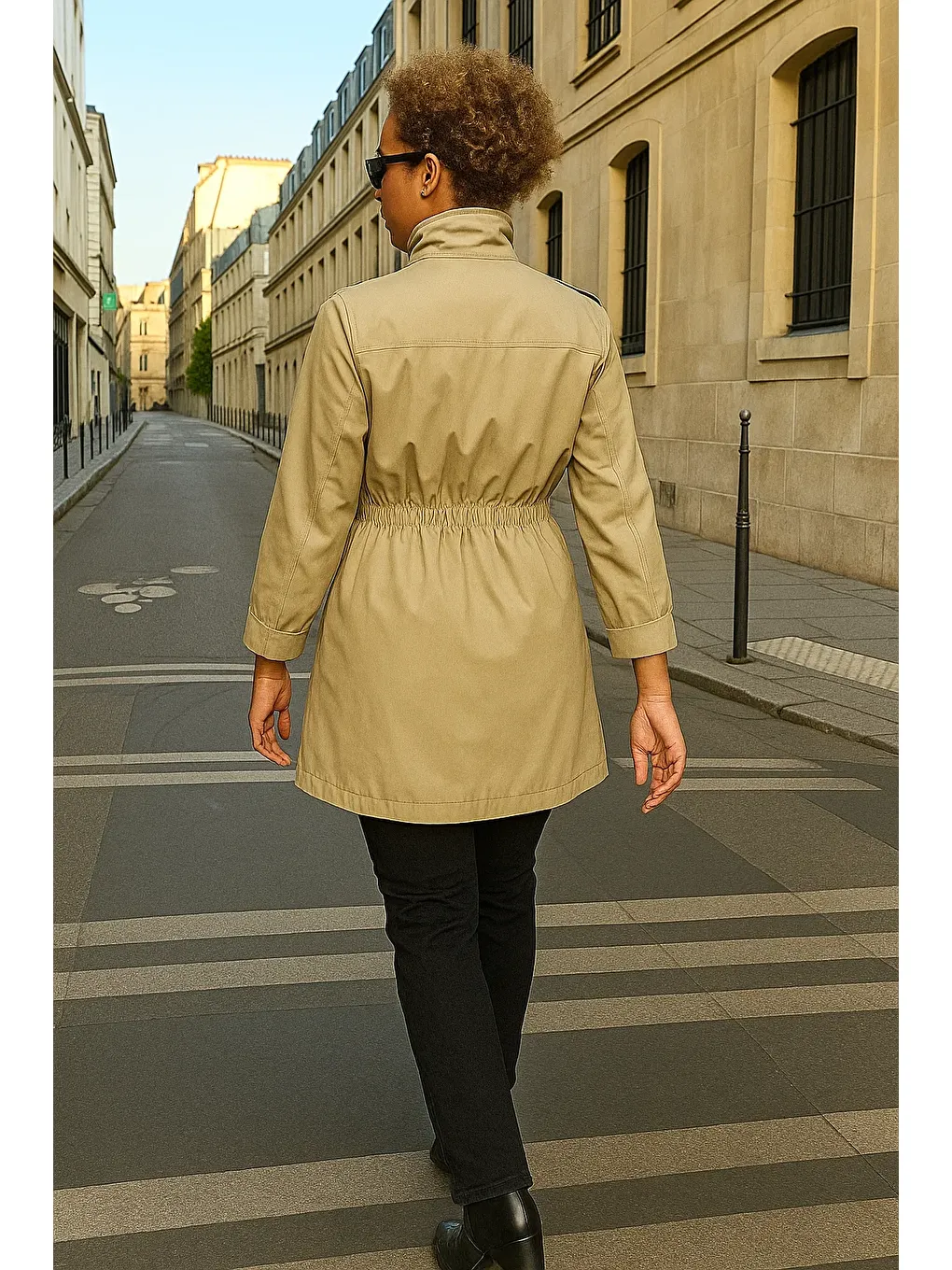 Kadın Çizgili Basic Trend Bej Kısa Trençkot-5