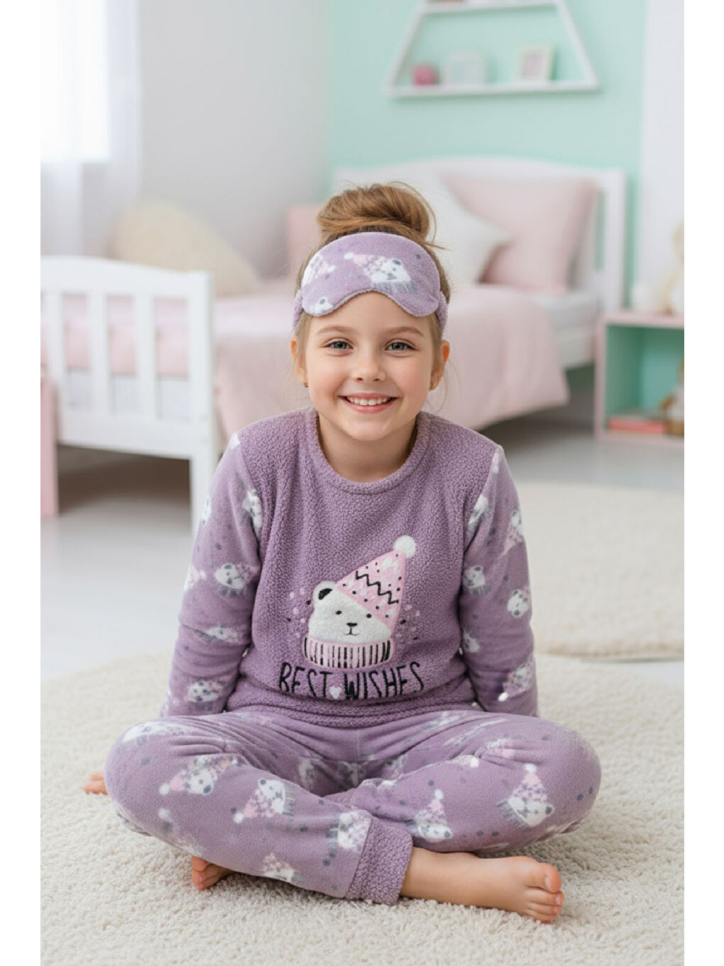 Lila Kız Çocuk Welsoft Kumaş-Göz Bantlı ve Kardan Adam Temalı Pijama Takımı 12439-1