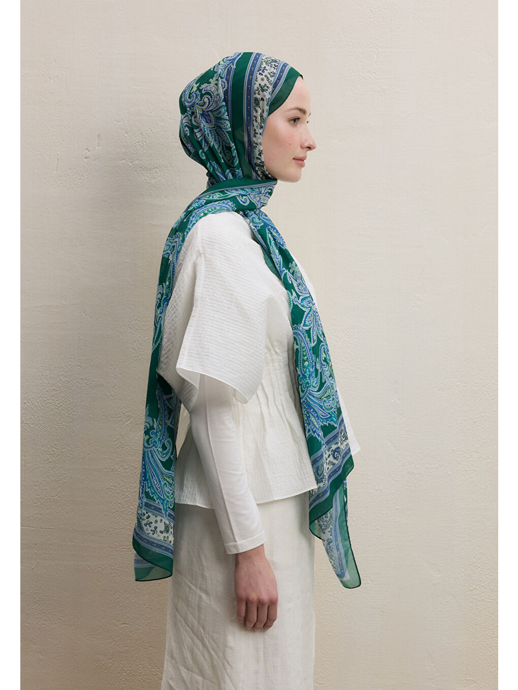 Luna Desen İpek Krep Şal Koyu Yeşil-2