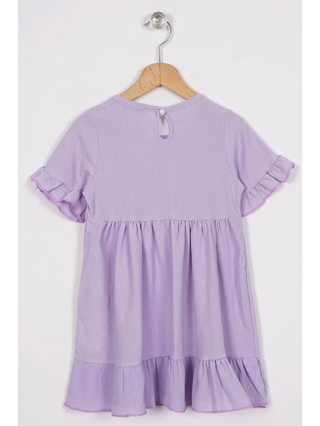 Bisiklet Yaka Kısa Kol Fırfırlı Düğmeli Lila Renk Kız Çocuk Elbise-2