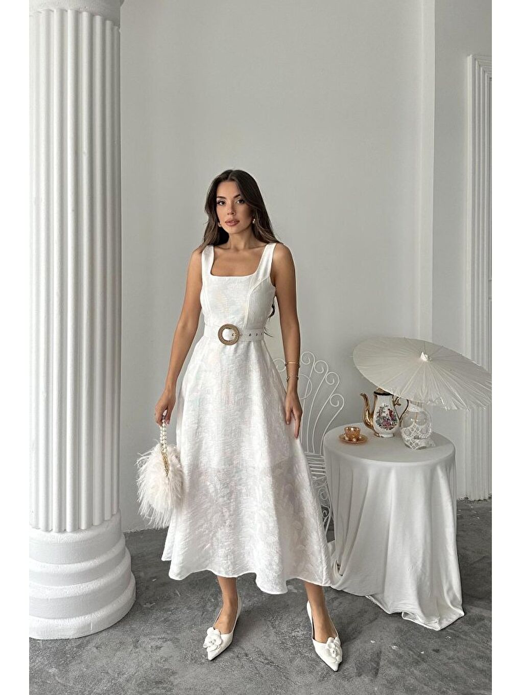 Ekru Kuplu Uzun Elbise-1