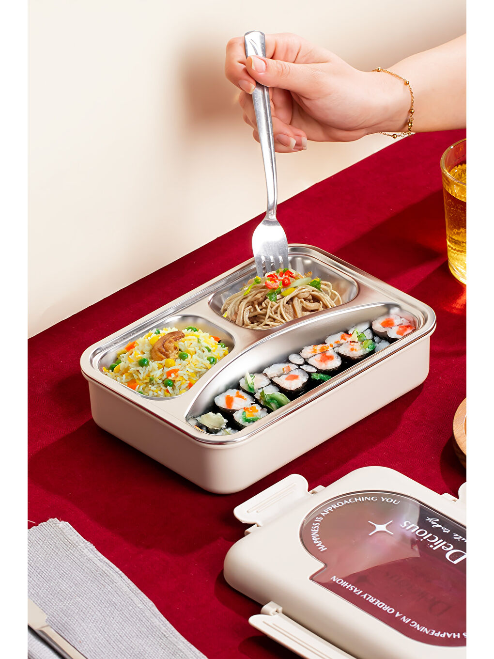 Kahverengi 3110 Çelik 3 Bölmeli Vakumlu Yemek Termosu-2