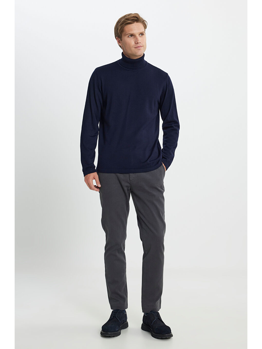 Erkek Lacivert Standart Fit Normal Kesim Tam Balıkçı Yaka Triko Kazak-1