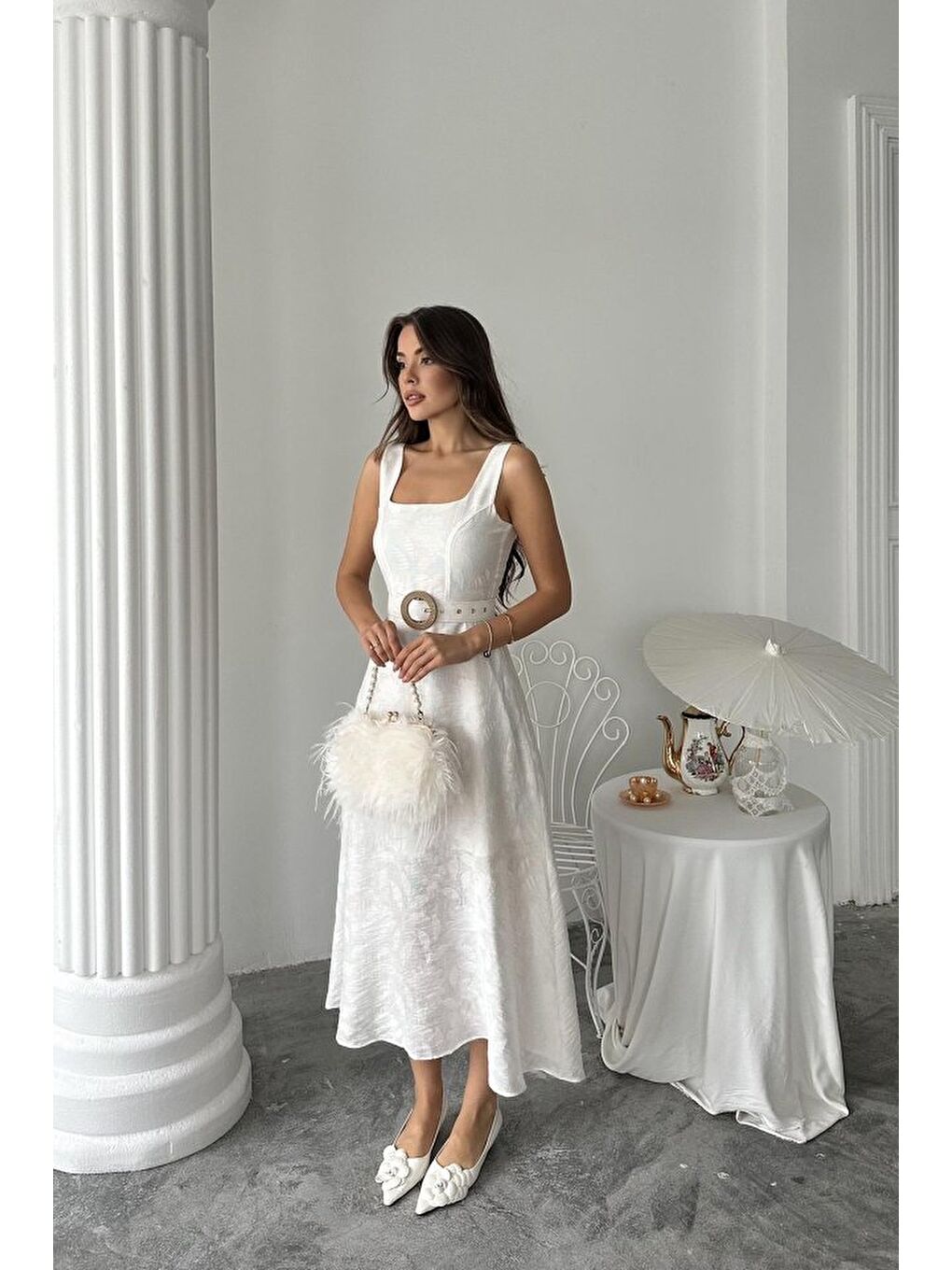 Ekru Kuplu Uzun Elbise-2