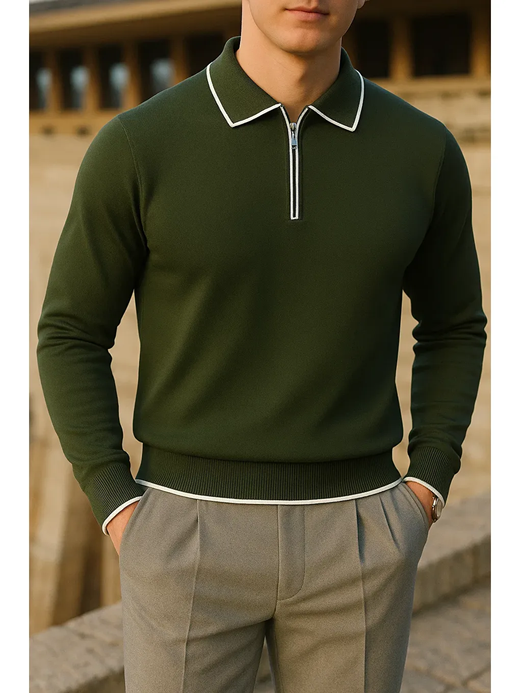 Erkek Çizgili Trend Uzun Kollu Haki Polo Yaka Kazak