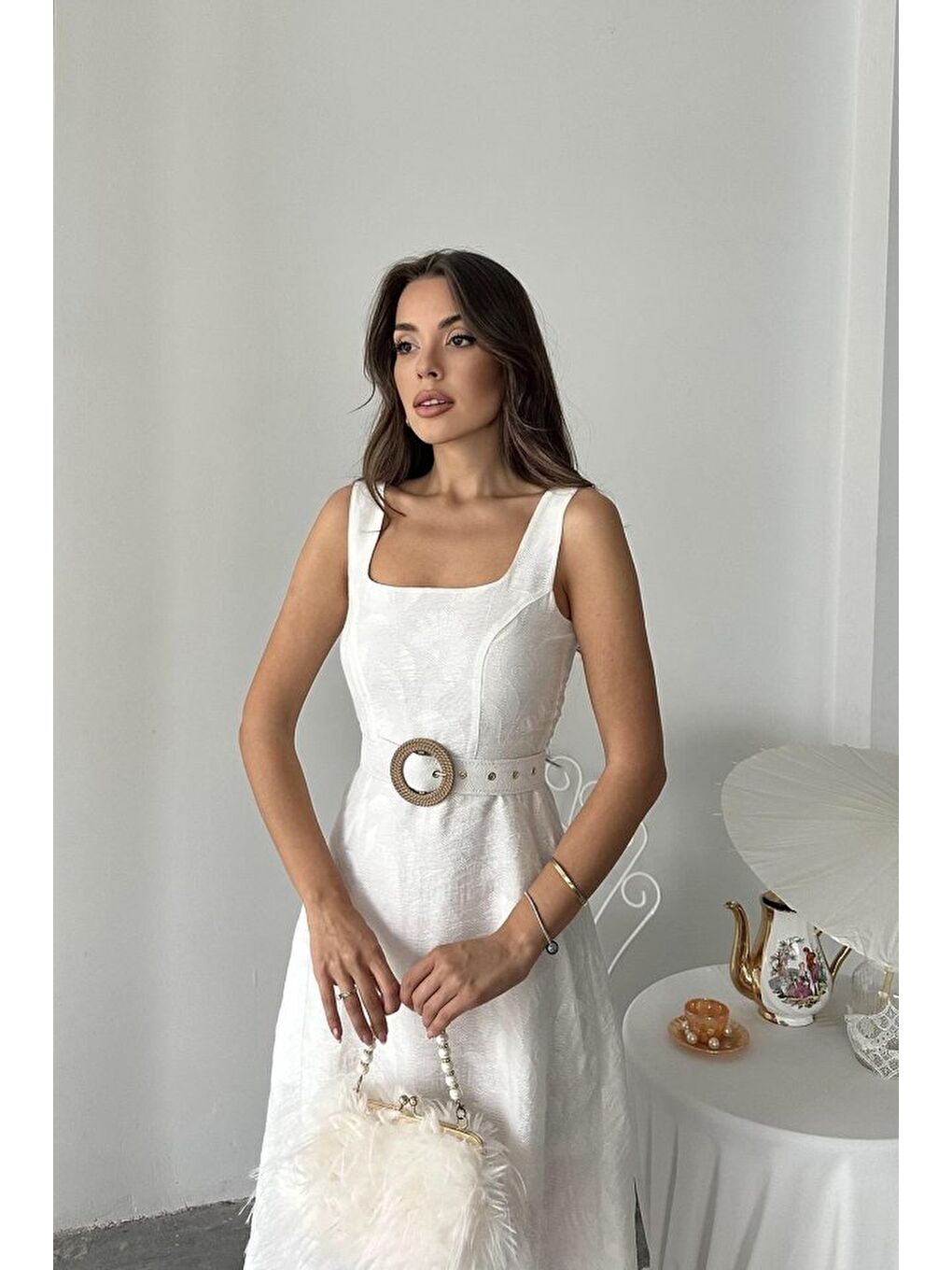 Ekru Kuplu Uzun Elbise-3