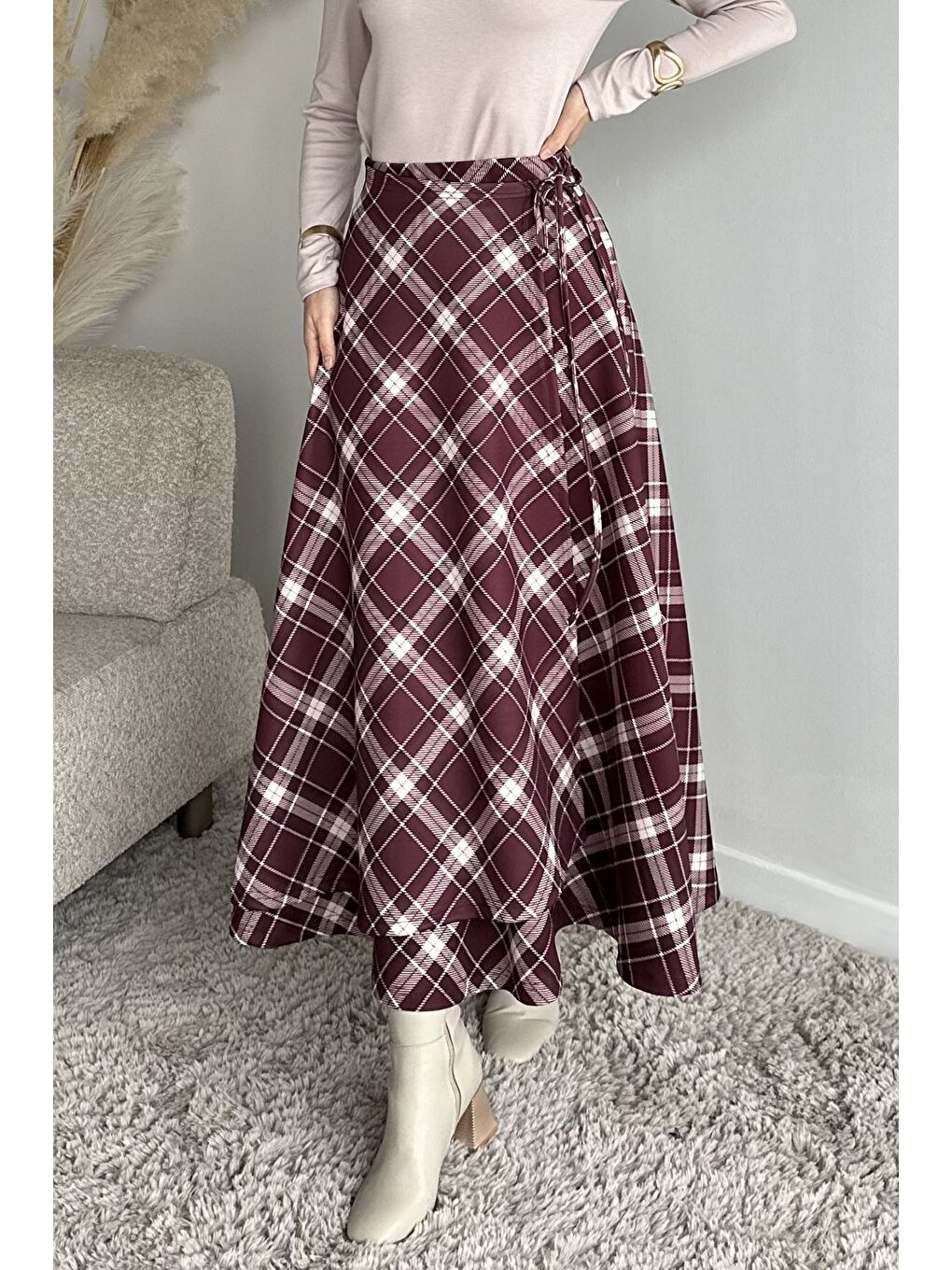 Bordo Ekose Desenli Bel Bağlamalı Kiloş Scuba Tesettür Etek