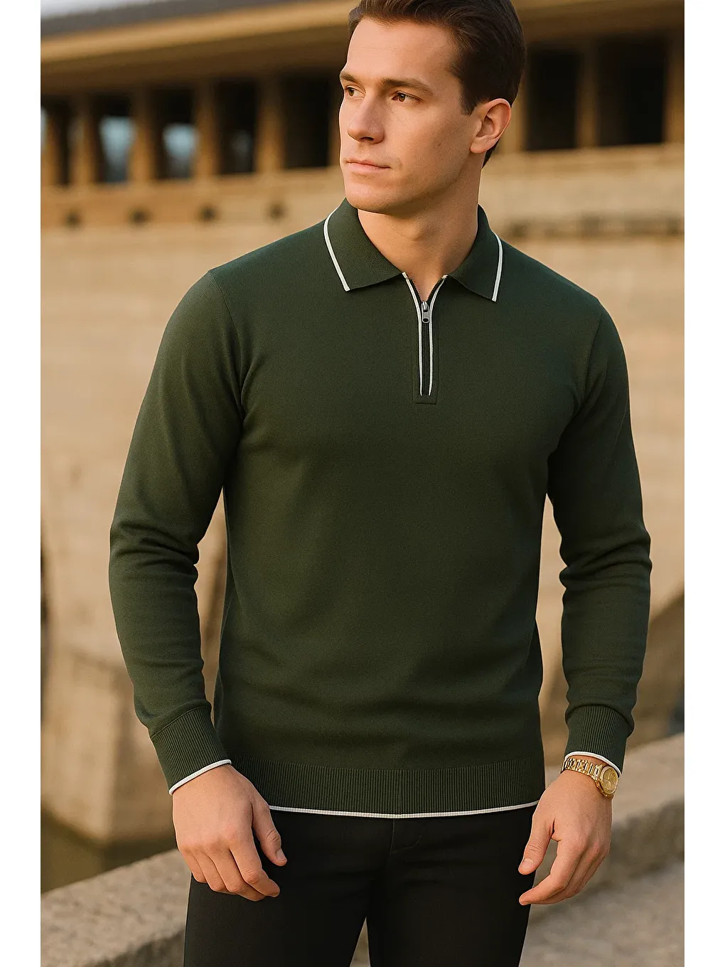 Erkek Çizgili Trend Uzun Kollu Haki Polo Yaka Kazak-1