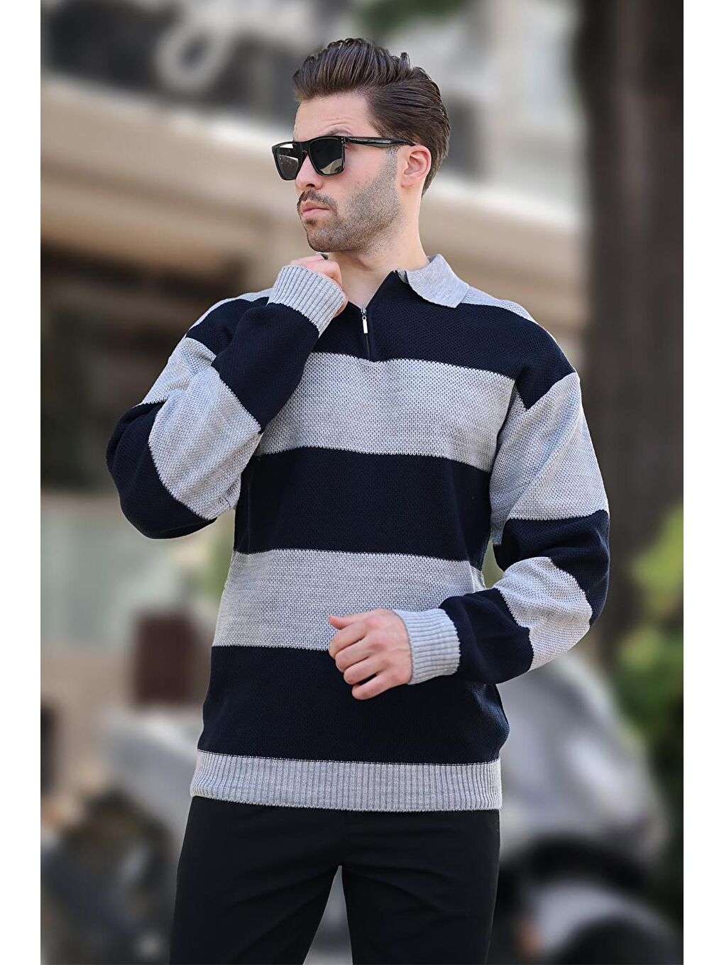 Gri Fermuar Yaka Renk Bloklu Uzun Kollu Kazak 7280-2