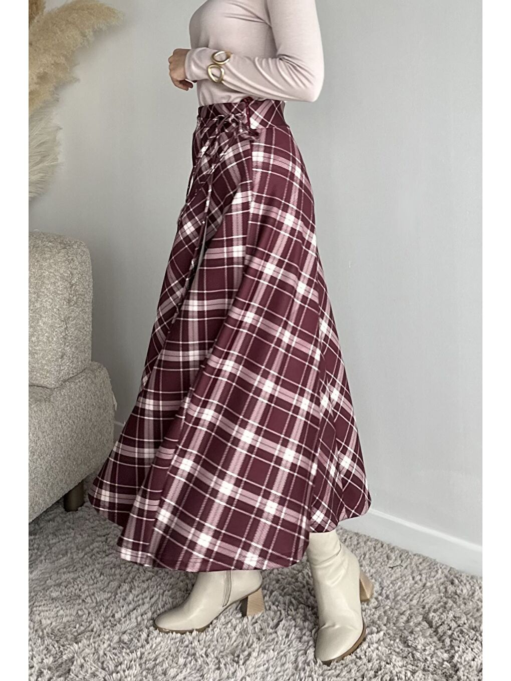 Bordo Ekose Desenli Bel Bağlamalı Kiloş Scuba Tesettür Etek-2