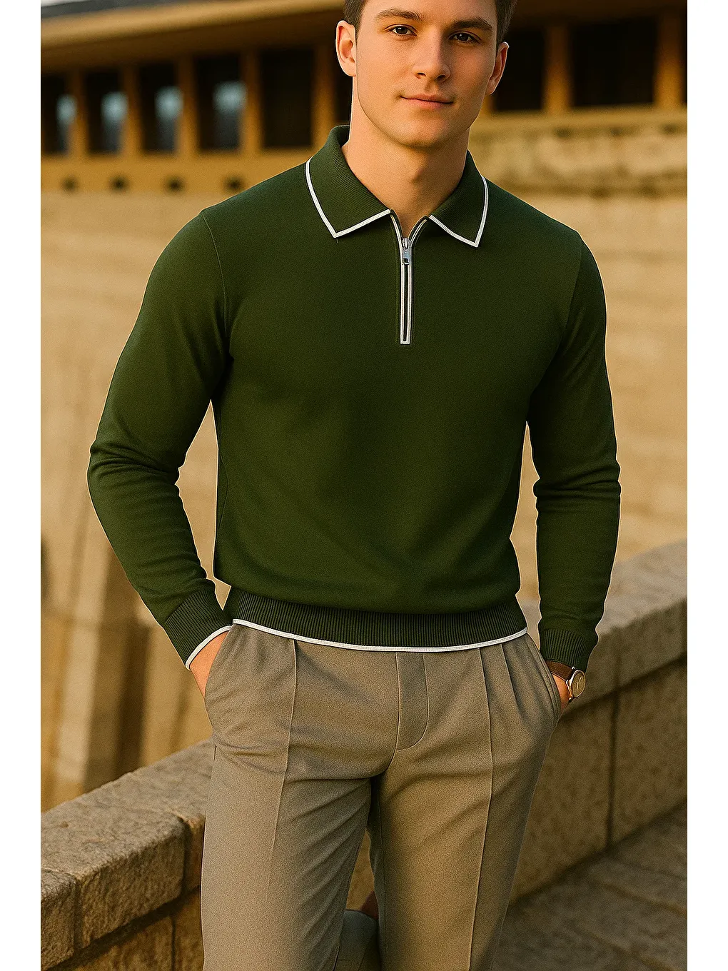Erkek Çizgili Trend Uzun Kollu Haki Polo Yaka Kazak-2