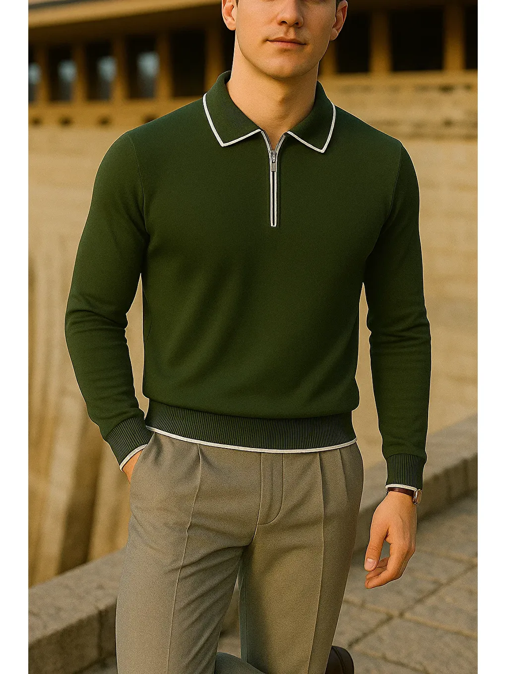 Erkek Çizgili Trend Uzun Kollu Haki Polo Yaka Kazak-3