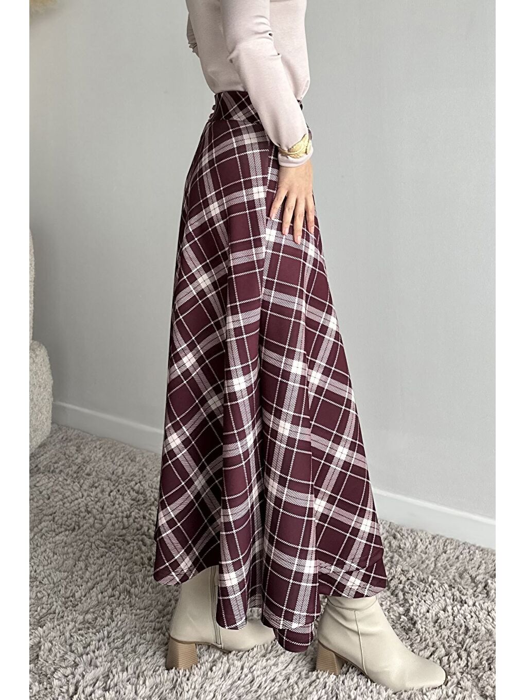 Bordo Ekose Desenli Bel Bağlamalı Kiloş Scuba Tesettür Etek-5