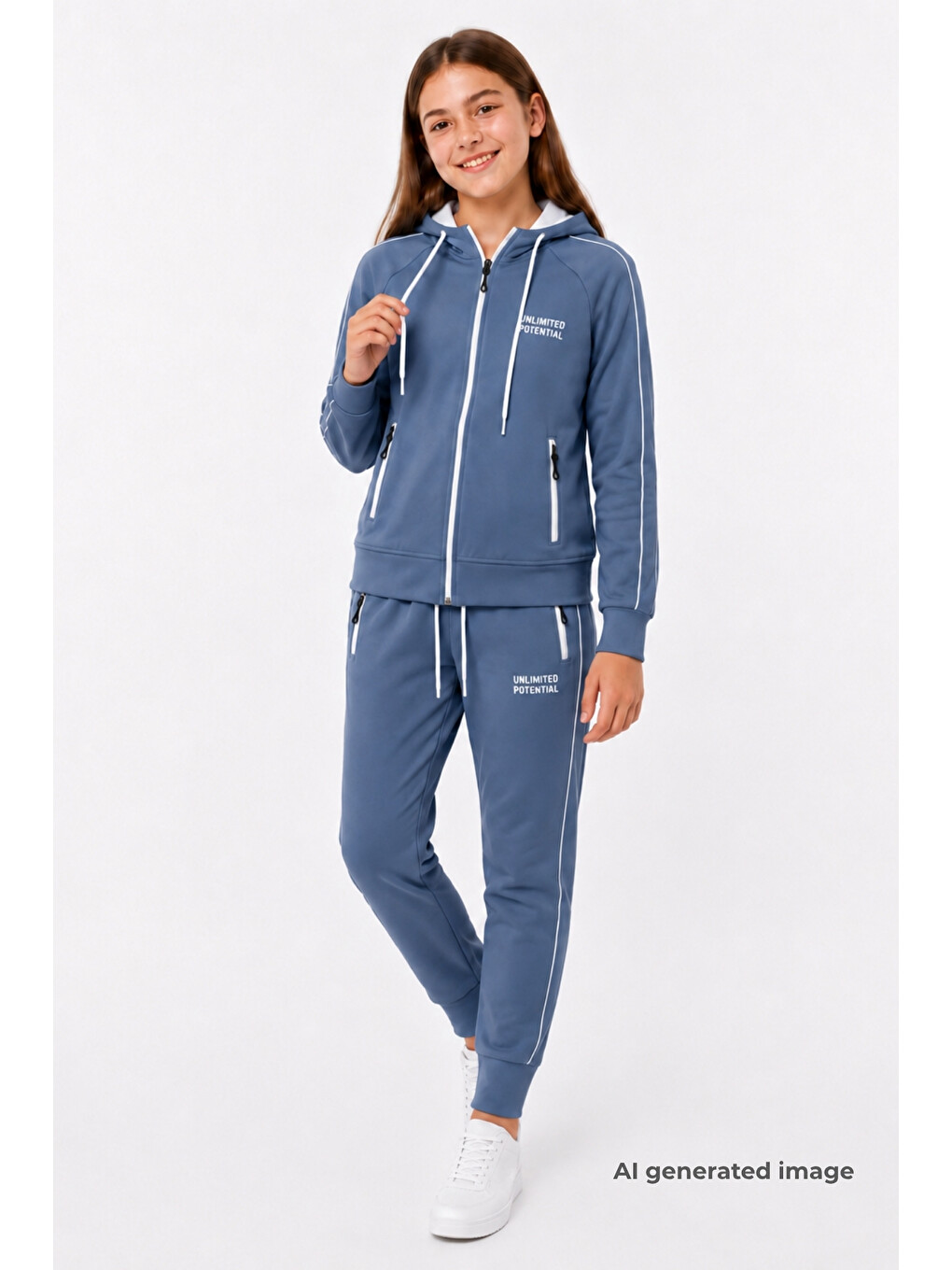 İndigo Kız Çocuk Scuba Unlimited Çift Şeritli Kapüşonlu Reglan Kol Dalgıç Kumaş Eşofman Takımı Esf7023-2