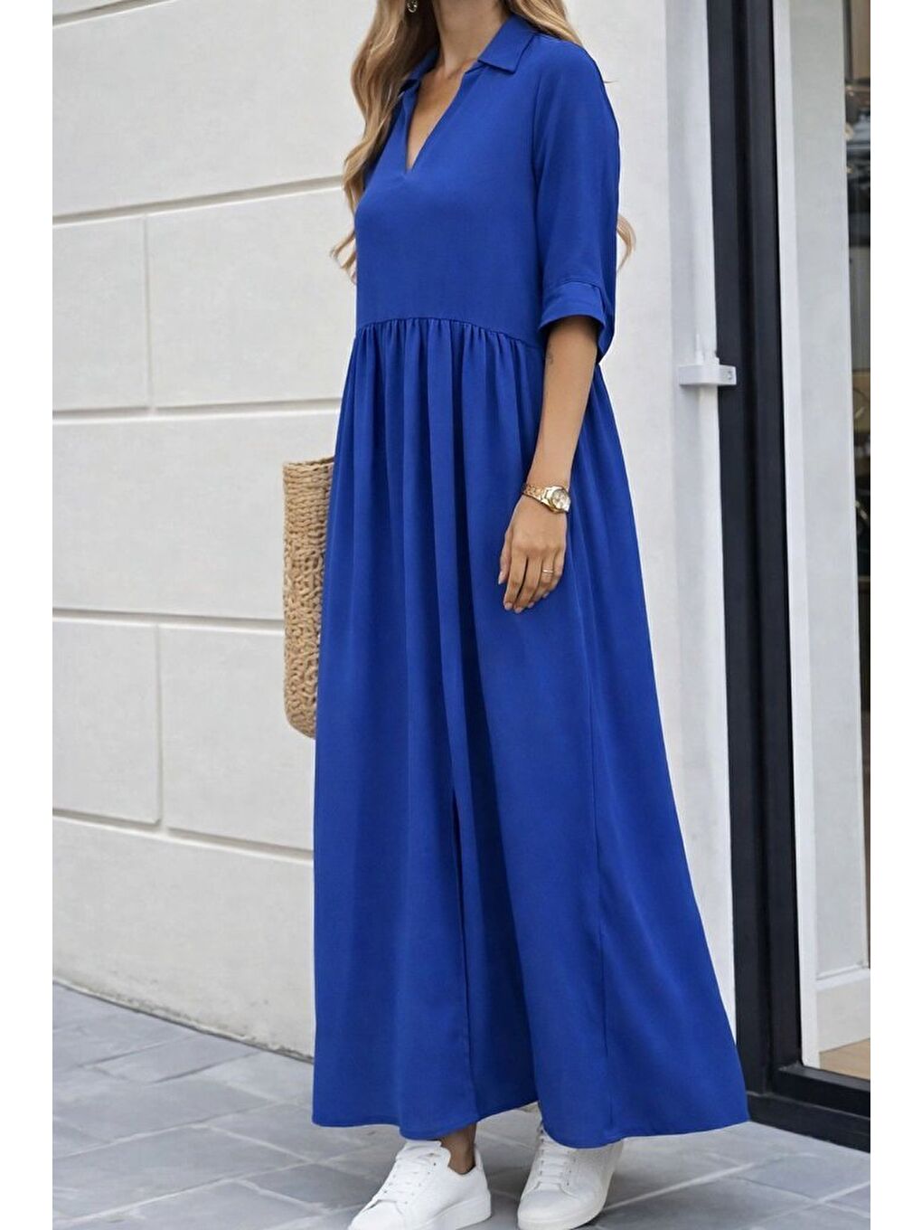 Mavi Kadın Truvakar Kollu V Yakalı Yırtmaçlı Uzun Aerobin Elbise-1